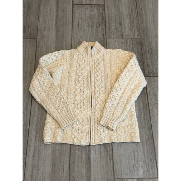 Inis Crafts Fishermens Sweater Womens Medium Cream Cable Knit Merino Wool Zip - Picture 6 of 9